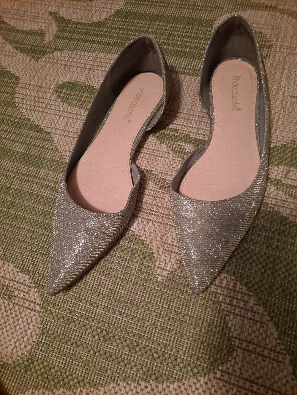 Shoe Dazzle Silver Glitter Pointed D'Orsay Flats